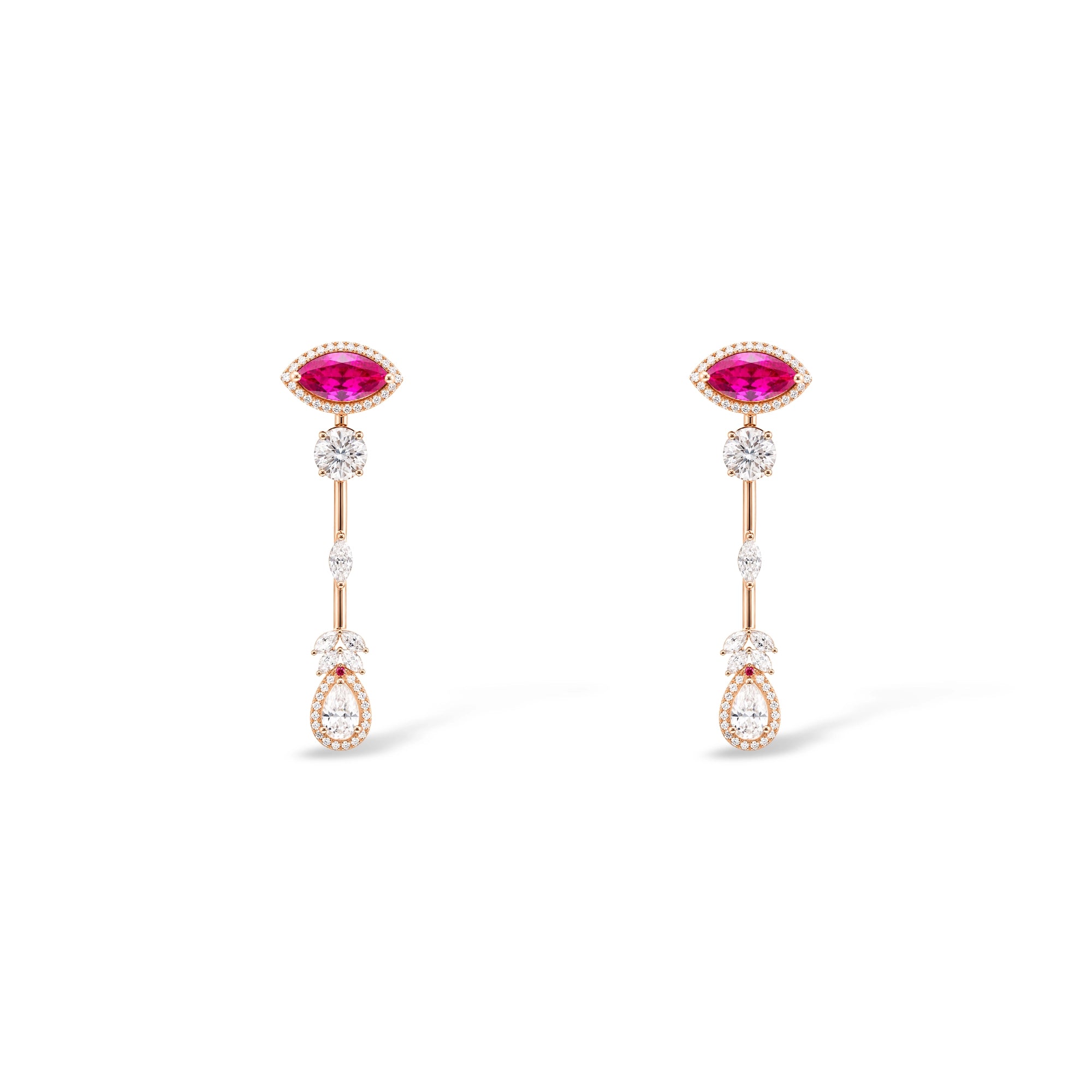 Ruby Marquise Halo and Pear Diamond Drop Earrings