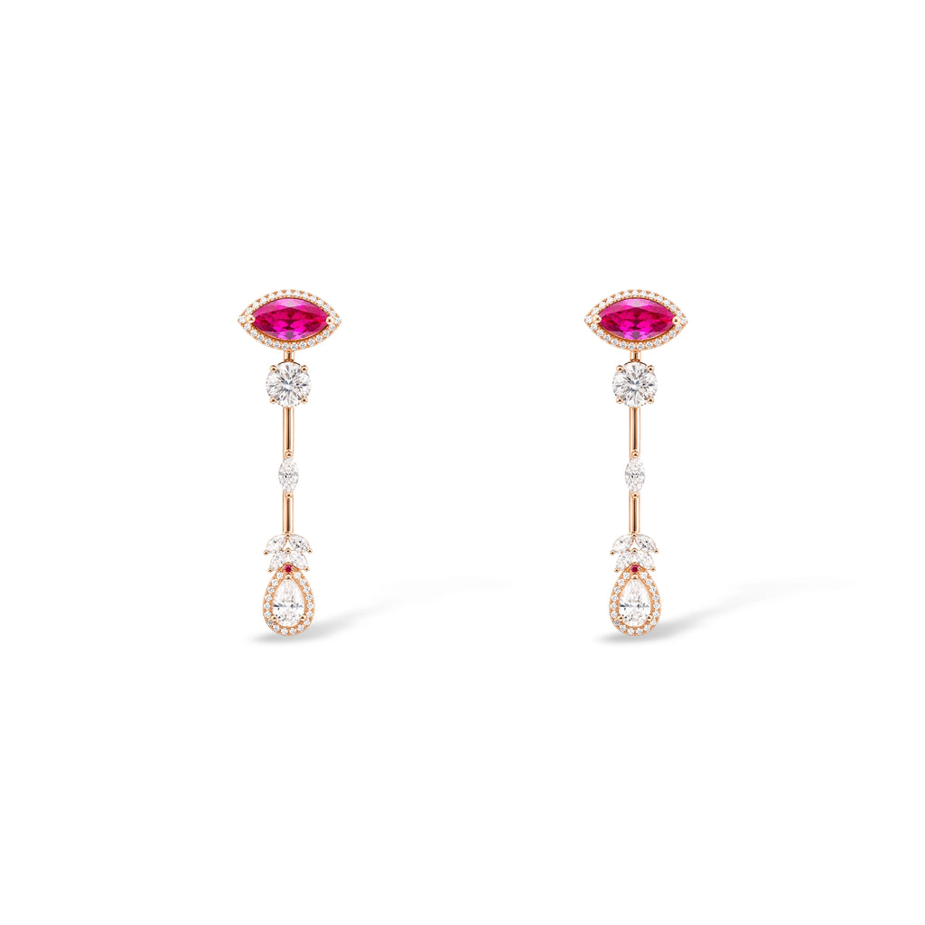 Ruby Marquise Halo and Pear Diamond Drop Earrings