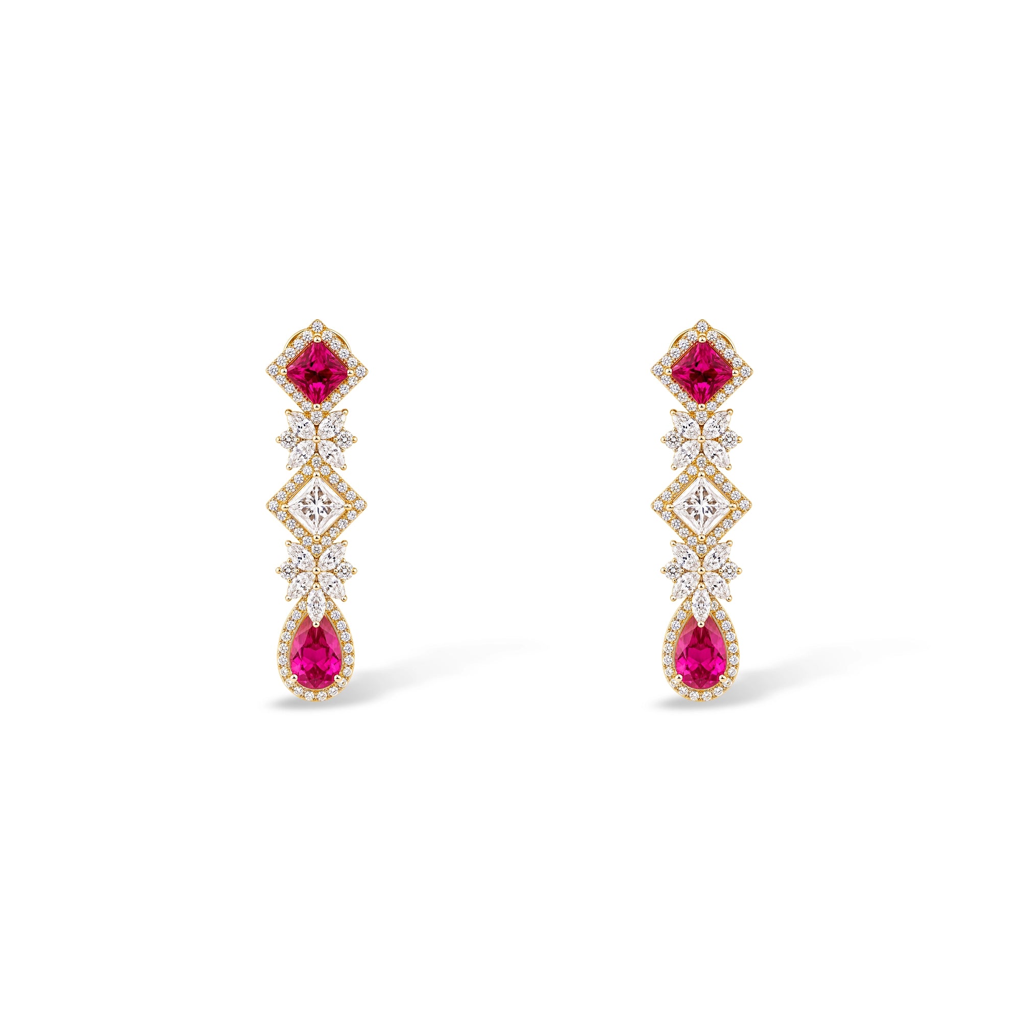 Ruby Marquise Halo and Pear Diamond Drop Earrings