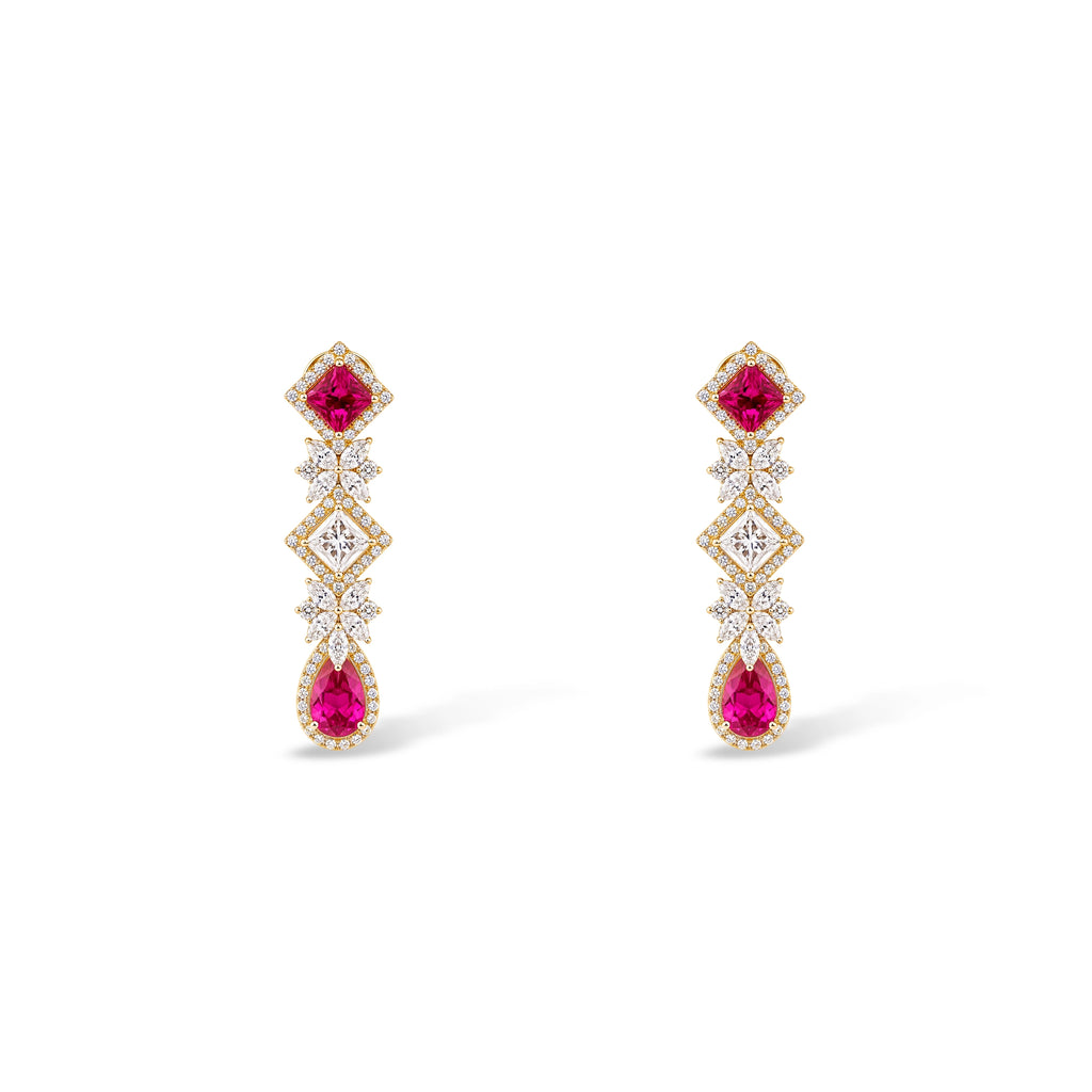 Ruby Marquise Halo and Pear Diamond Drop Earrings