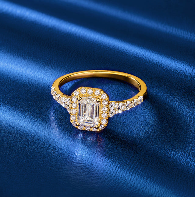 Emerald Cut Halo Pavé Band Ring