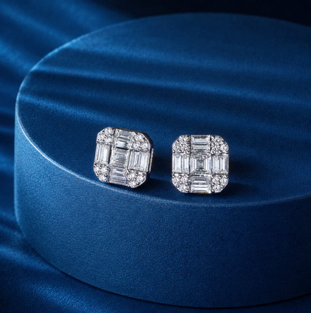 Baguette Mosaic Square Halo Stud Earrings