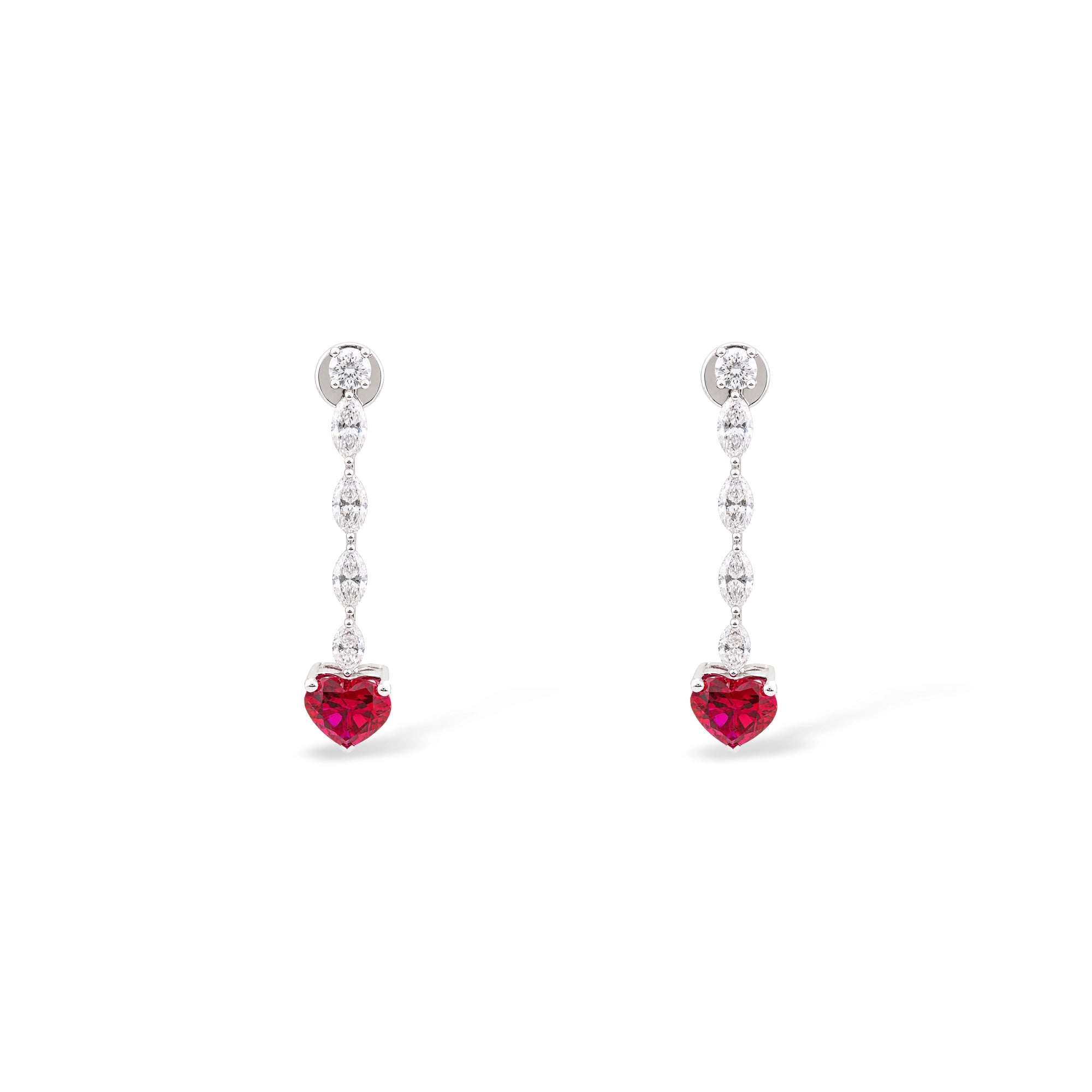 Ruby Heart and Diamond Chain Drop Earrings