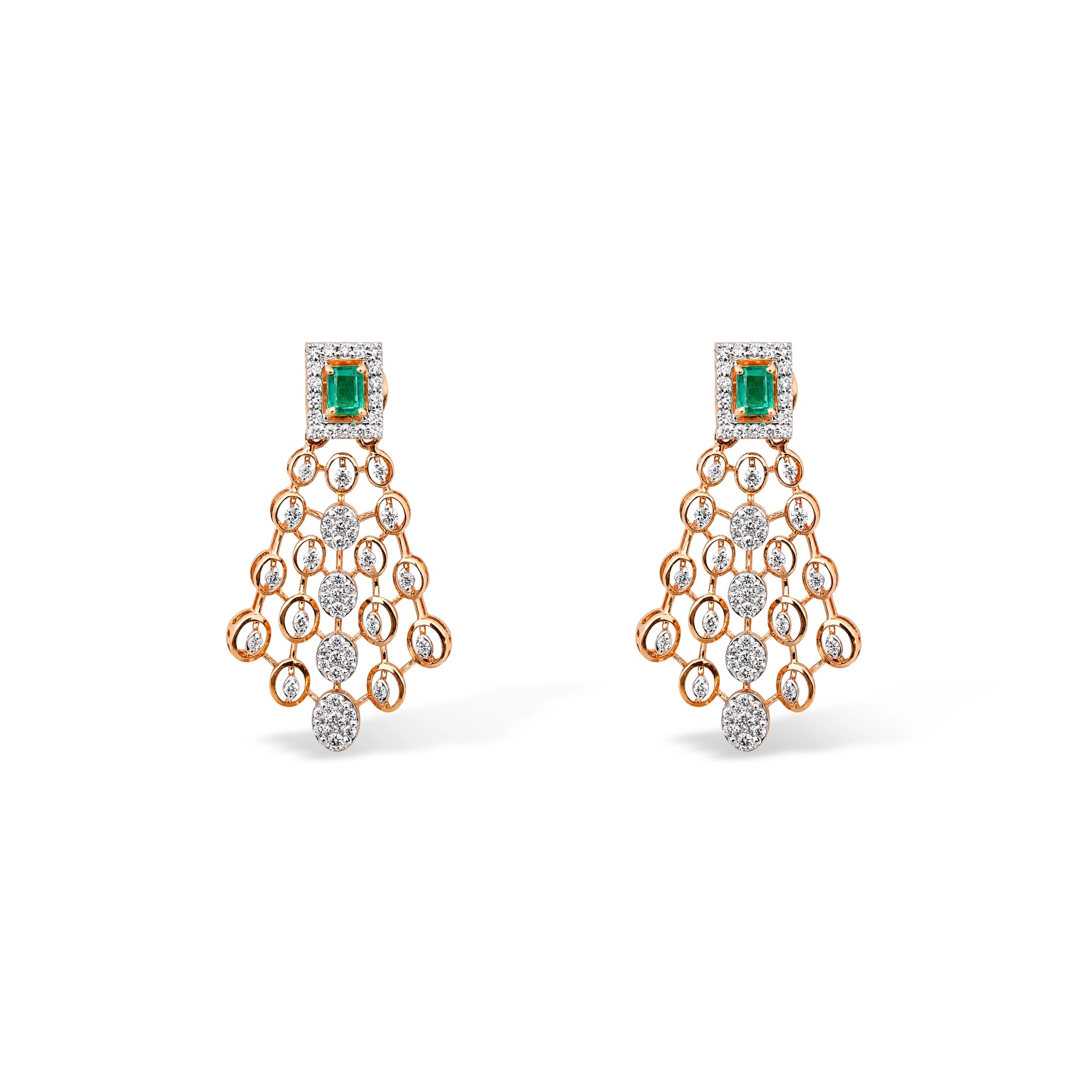 Emerald Halo Stud and Oval Diamond Lattice Chandelier Earrings