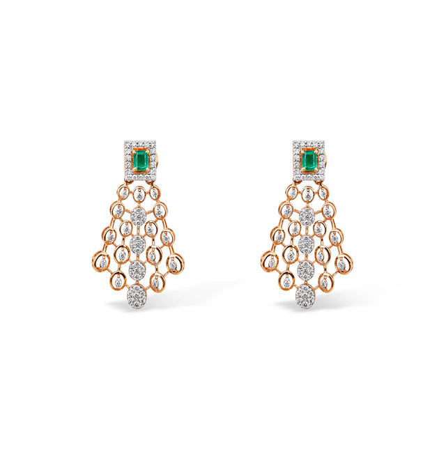 Emerald Halo Stud and Oval Diamond Lattice Chandelier Earrings