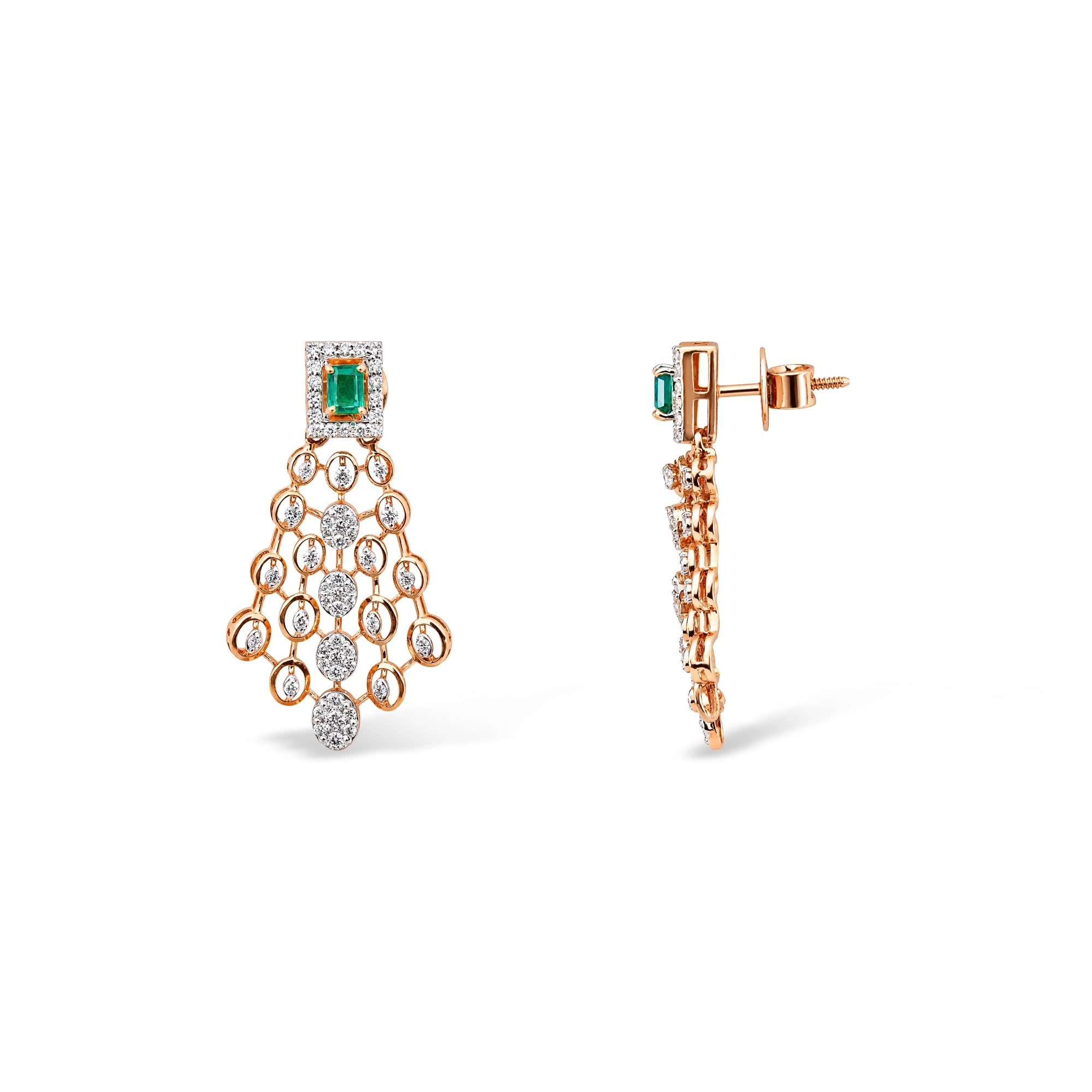 Emerald Halo Stud and Oval Diamond Lattice Chandelier Earrings