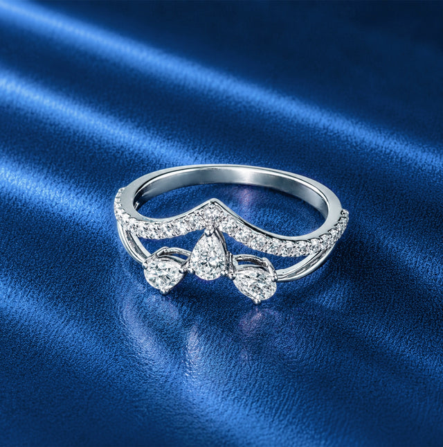 Pear Cut Triple Stone Chevron Crown Ring