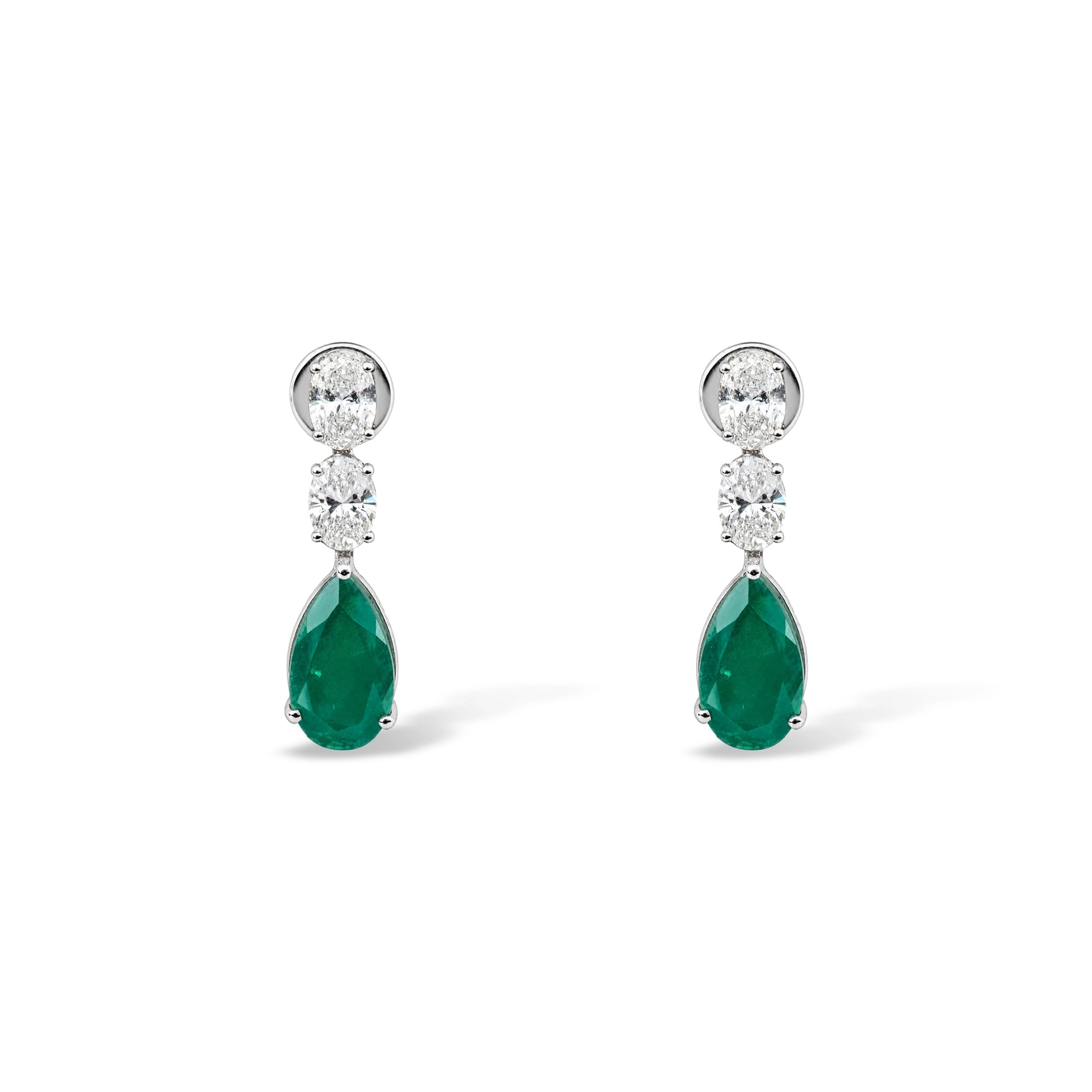 Oval Diamond and Pear Emerald Drop Earrings