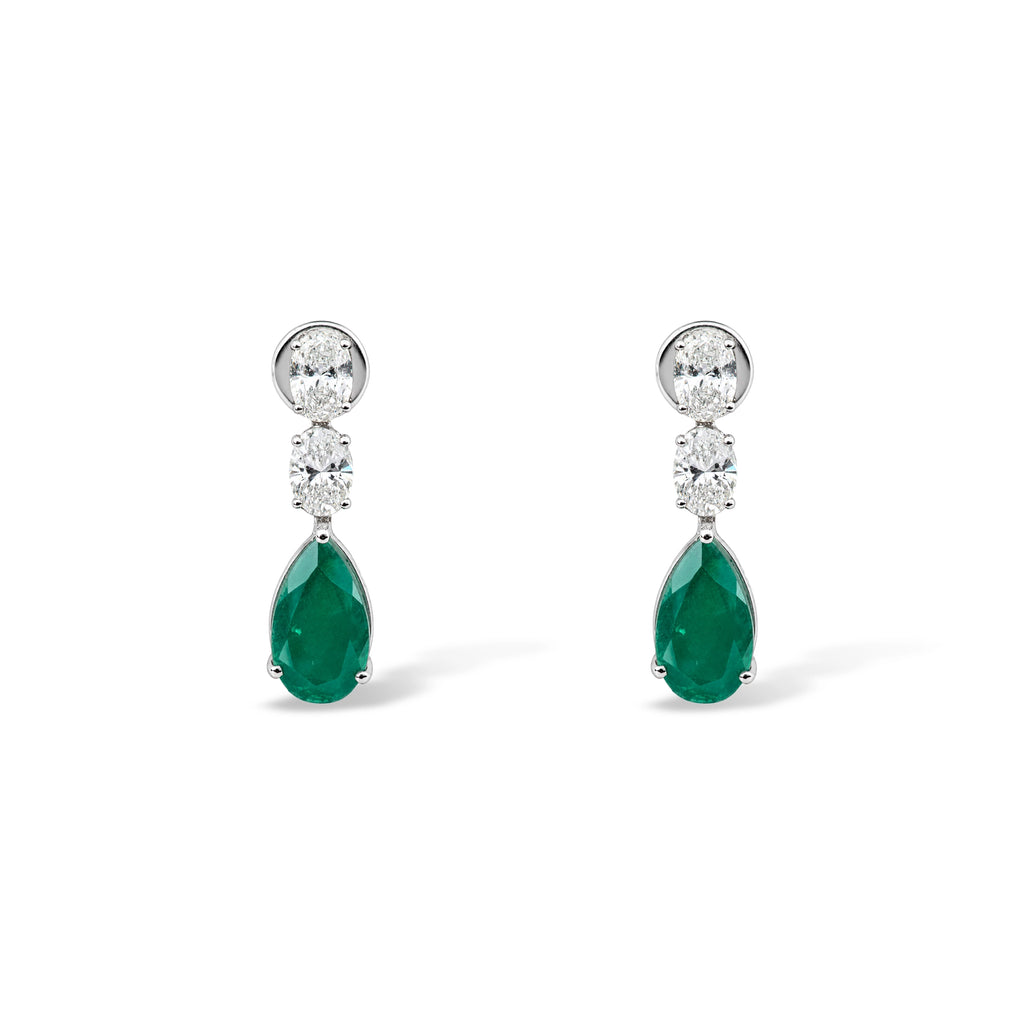 Oval Diamond and Pear Emerald Drop Earrings