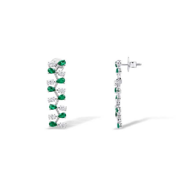 Emerald and Oval Diamond Lattice Drop Earrings