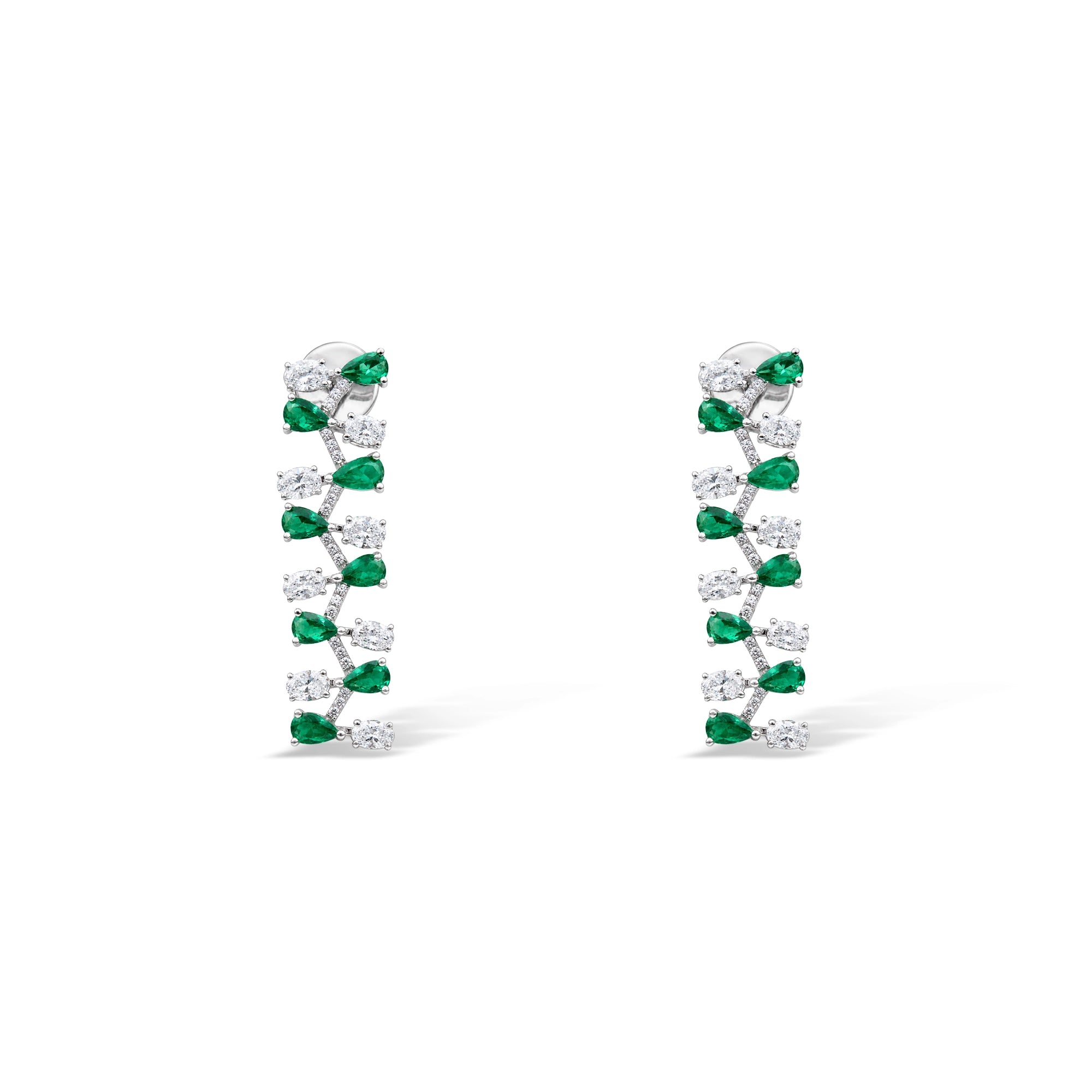 Emerald and Oval Diamond Lattice Drop Earrings
