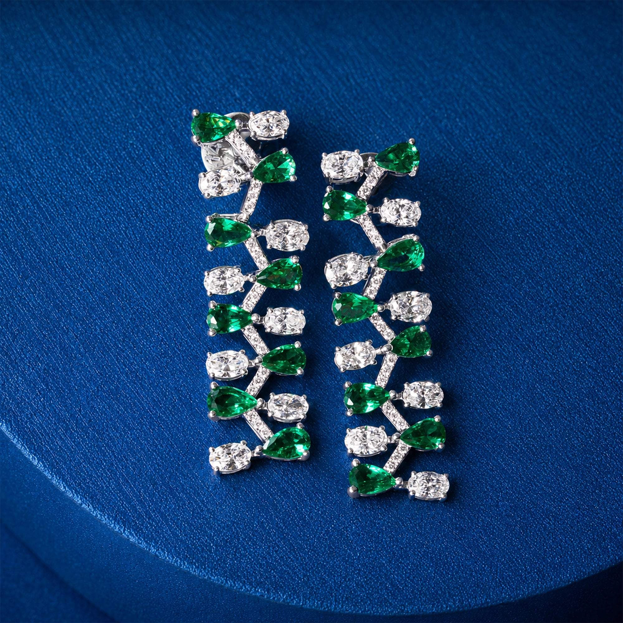 Emerald and Oval Diamond Lattice Drop Earrings