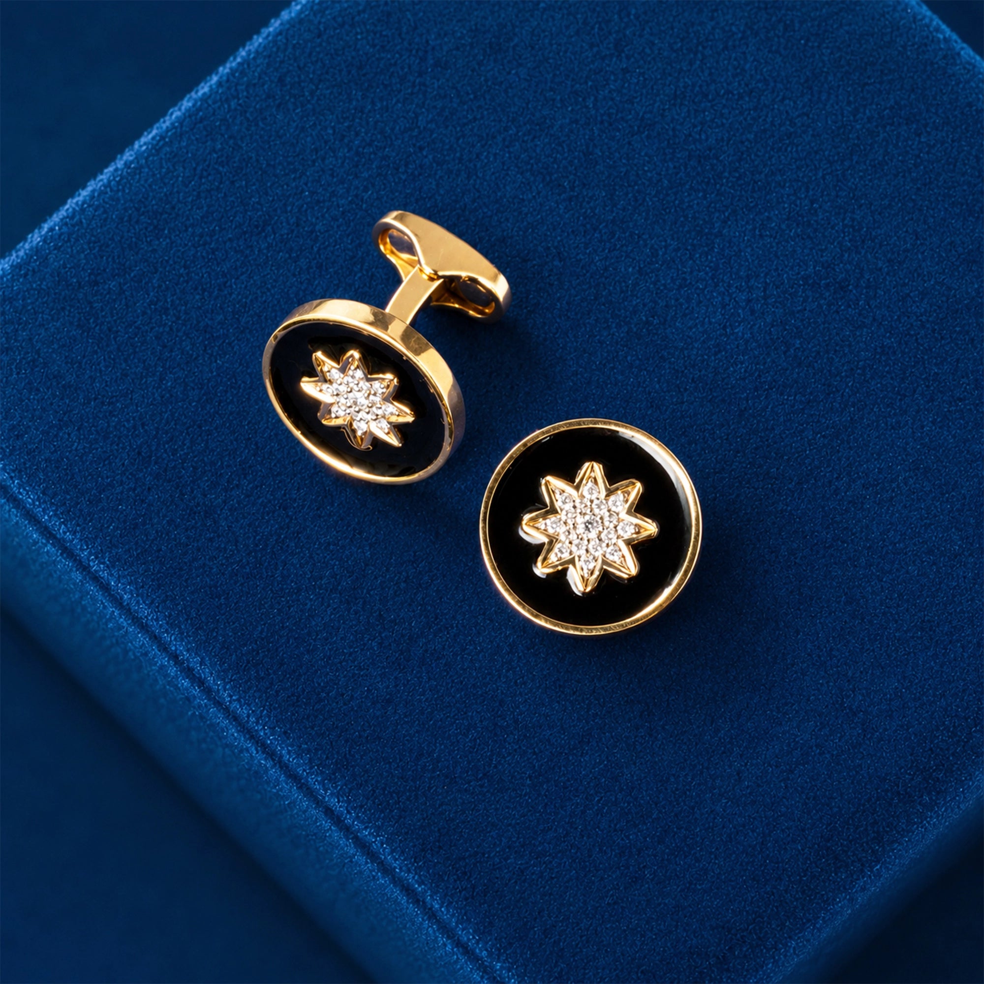 Black Enamel Star Diamond Round Cufflinks