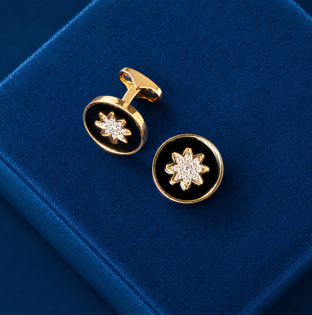 Black Enamel Star Diamond Round Cufflinks