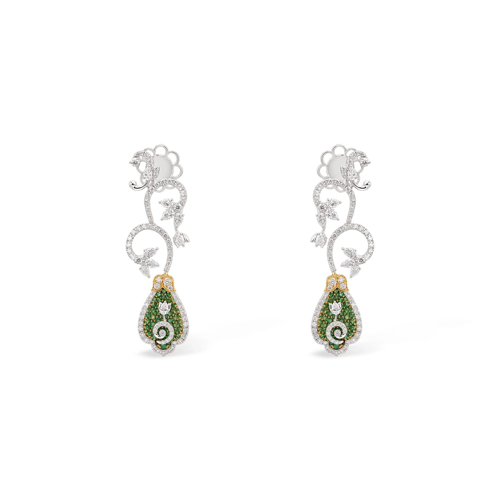 Botanical Scroll and Emerald Teardrop Drop Earrings