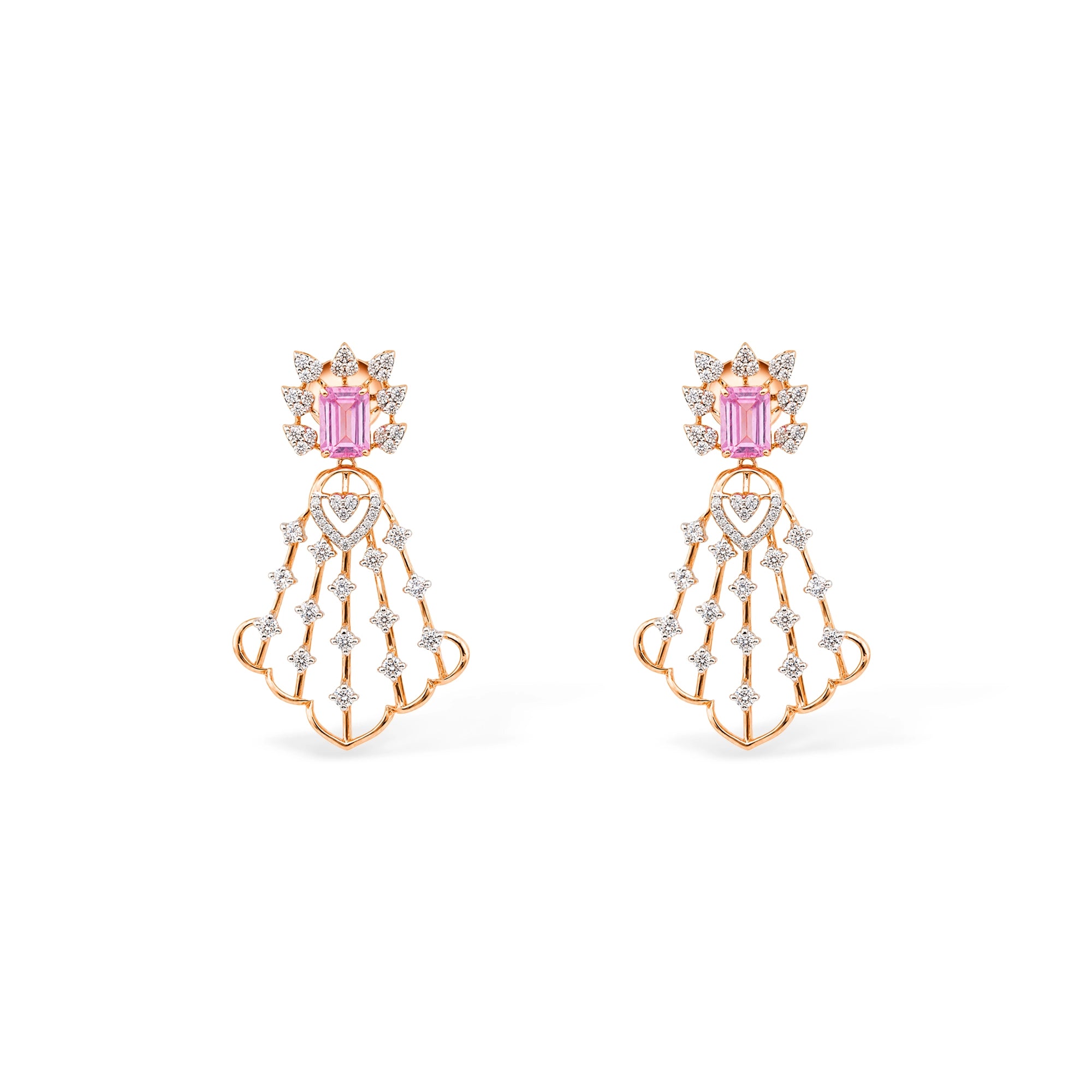 Pink Sapphire Fan Top and Scallop Lattice Chandelier Earrings