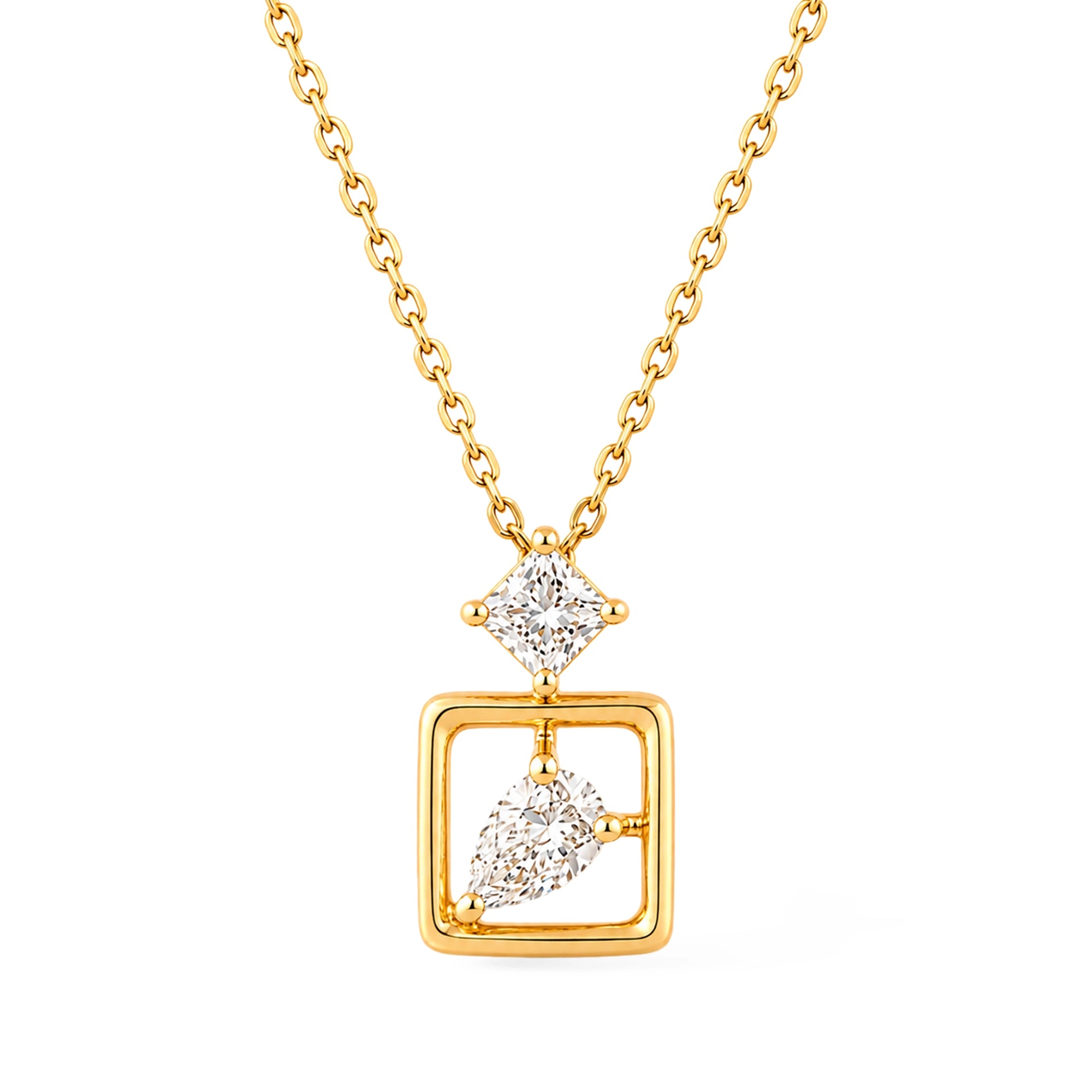 Pear Cut Floating Square Frame Pendant Necklace
