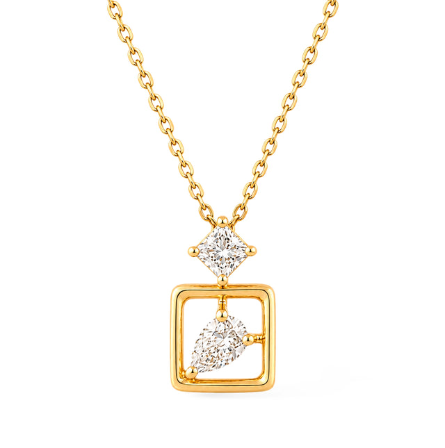 Pear Cut Floating Square Frame Pendant Necklace