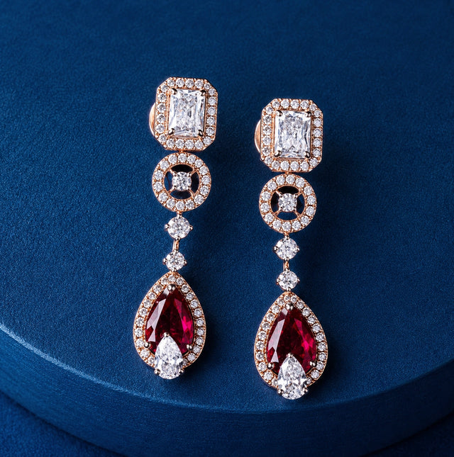 Radiant Cut Diamond Halo and Ruby Pear Drop Earrings