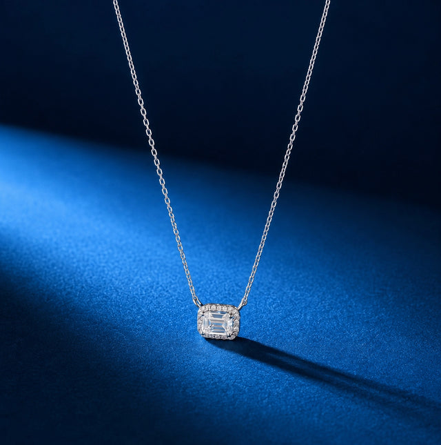 Emerald Cut Halo Pendant, White Gold
