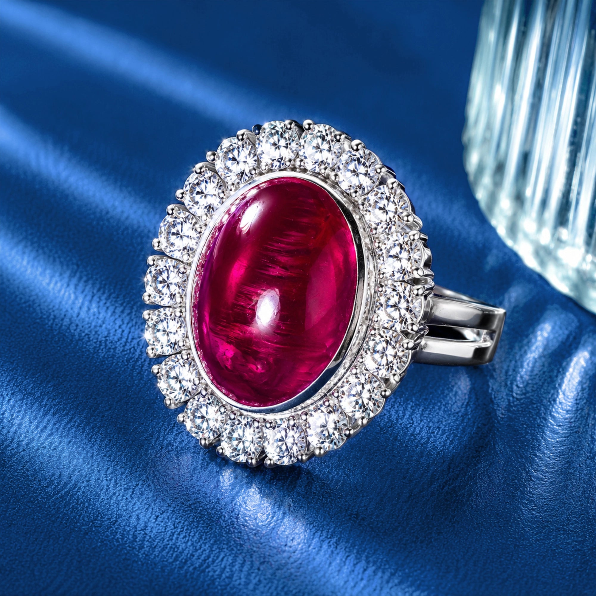 Oval Cabochon Ruby Diamond Halo Cocktail Ring
