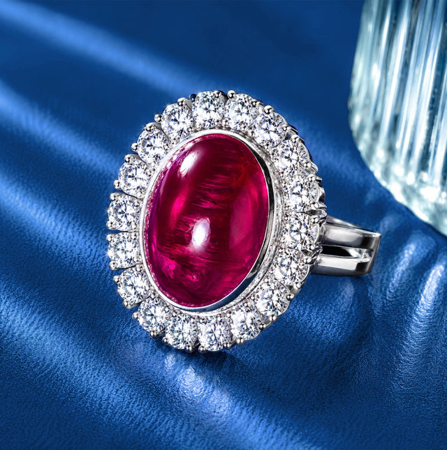 Oval Cabochon Ruby Diamond Halo Cocktail Ring