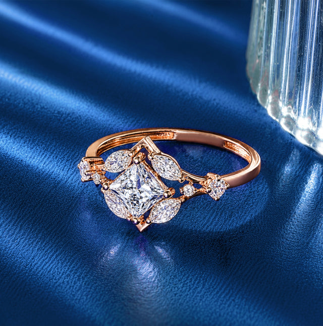 Princess Cut Scattered Marquise Cluster Ring