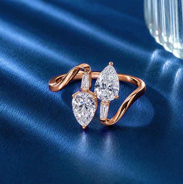 Dual Pear Cut Baguette Accent Bypass Ring