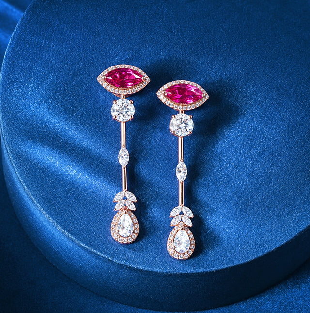 Ruby Marquise Halo and Pear Diamond Drop Earrings