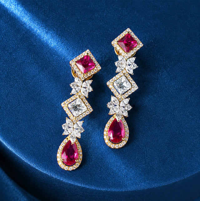 Ruby Marquise Halo and Pear Diamond Drop Earrings