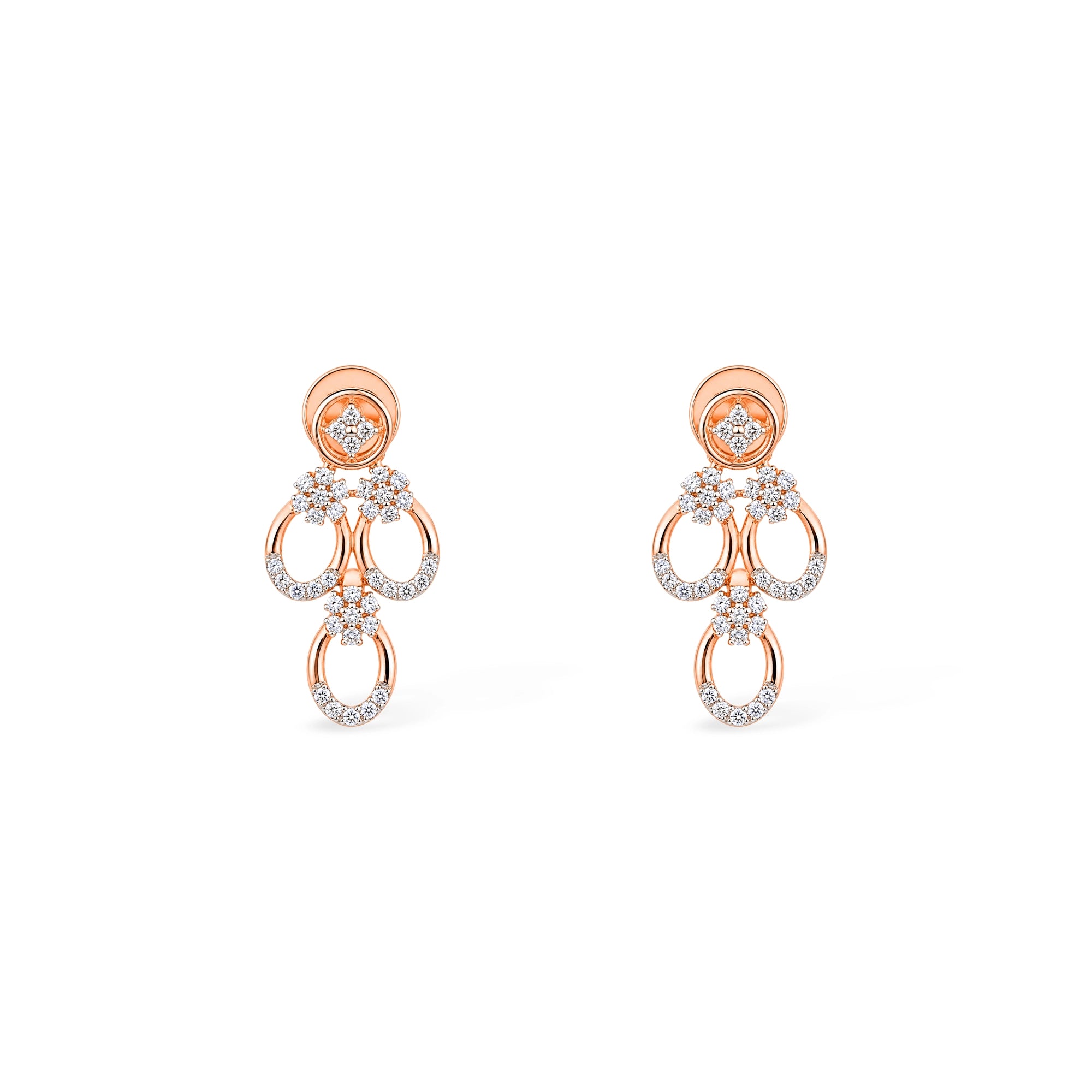 Triple Oval Link and Pavé Flower Drop Earrings