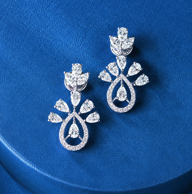 Open Pear Frame and Cluster Drop Earrings