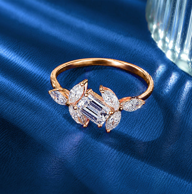 Emerald Cut Marquise Cluster Solitaire Ring