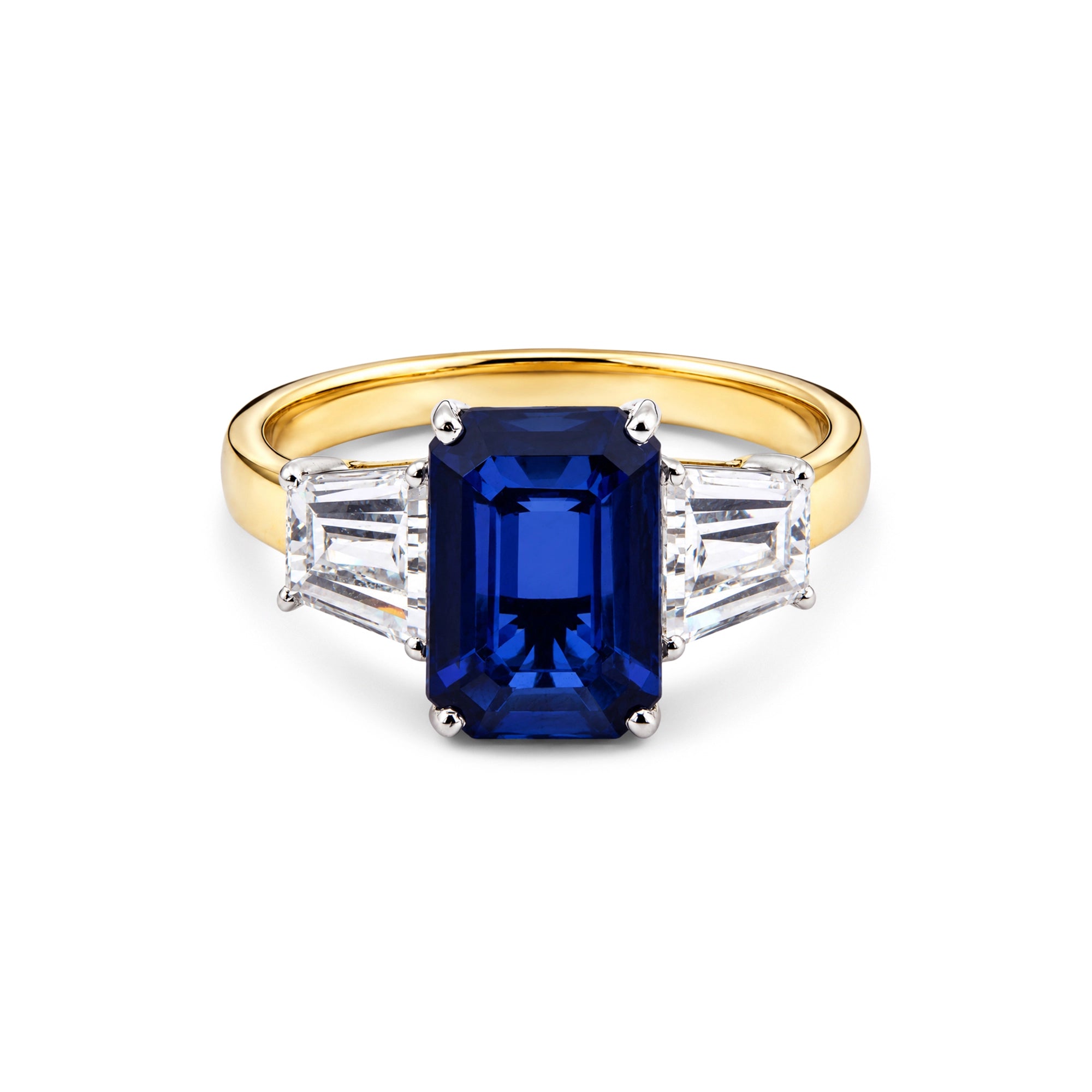 Emerald Cut Sapphire Trapezoid Diamond Three-Stone Ring