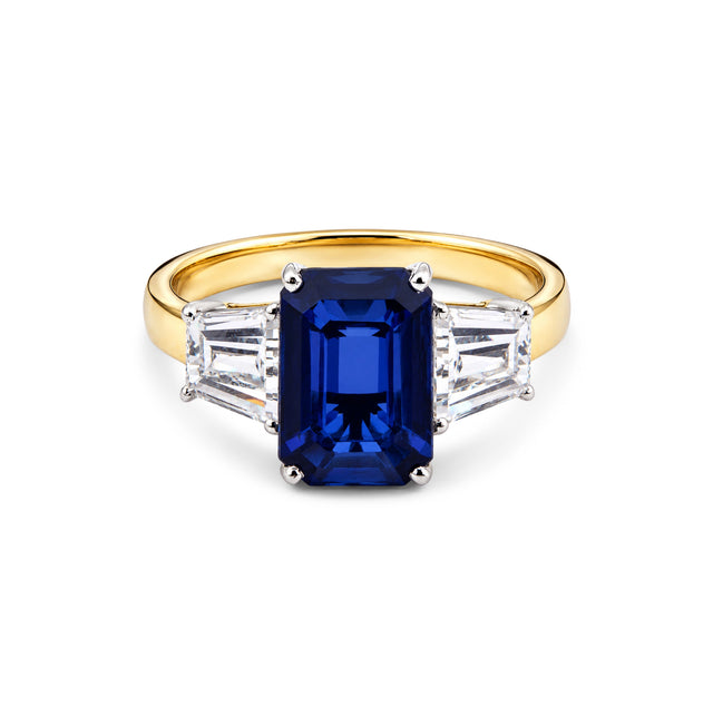 Emerald Cut Sapphire Trapezoid Diamond Three-Stone Ring