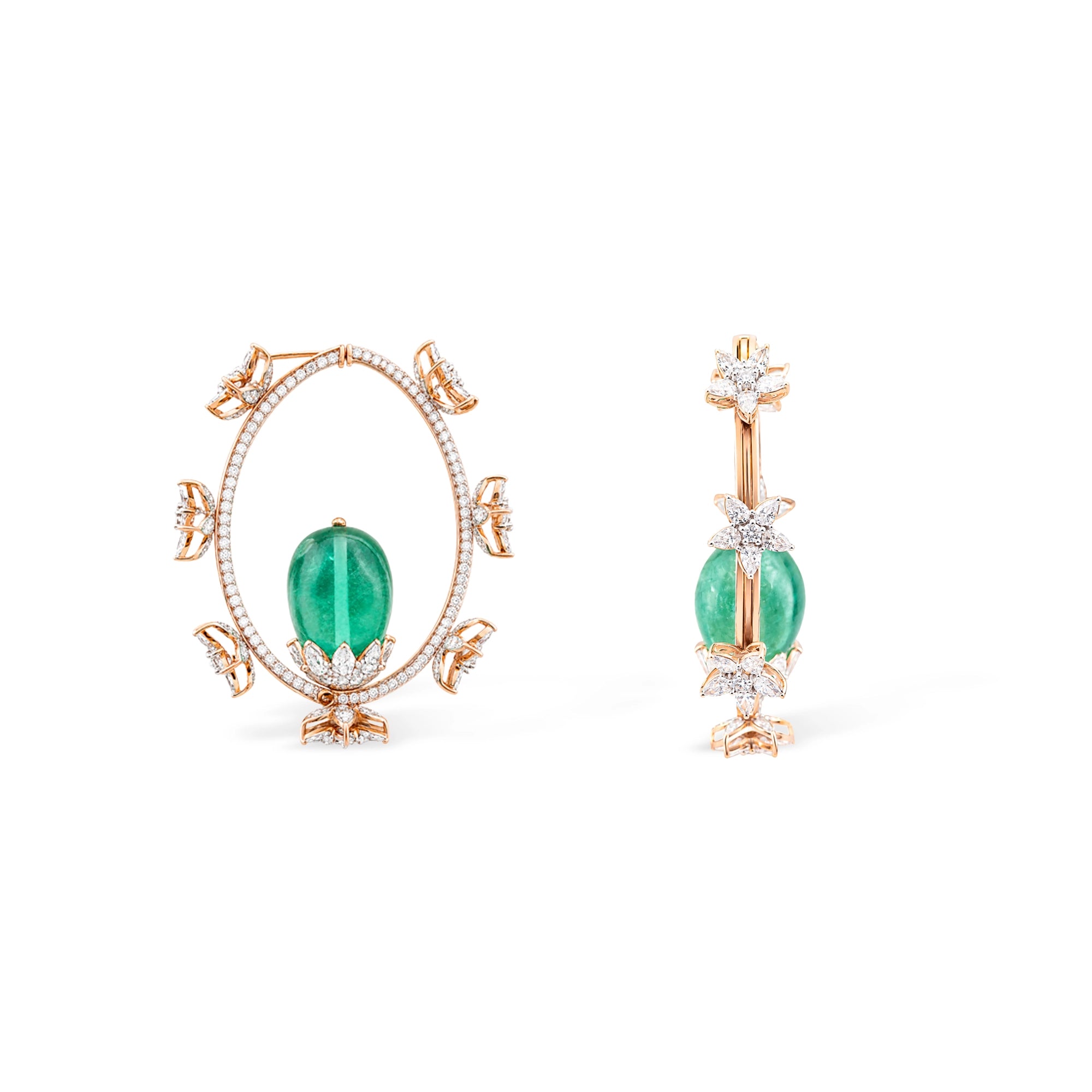 Diamond Pavé Oval Hoop with Emerald Cabochon Earrings