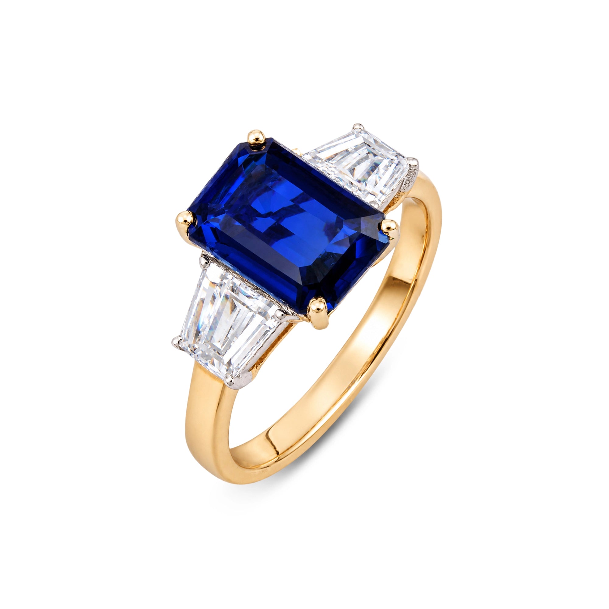 Emerald Cut Sapphire Trapezoid Diamond Three-Stone Ring
