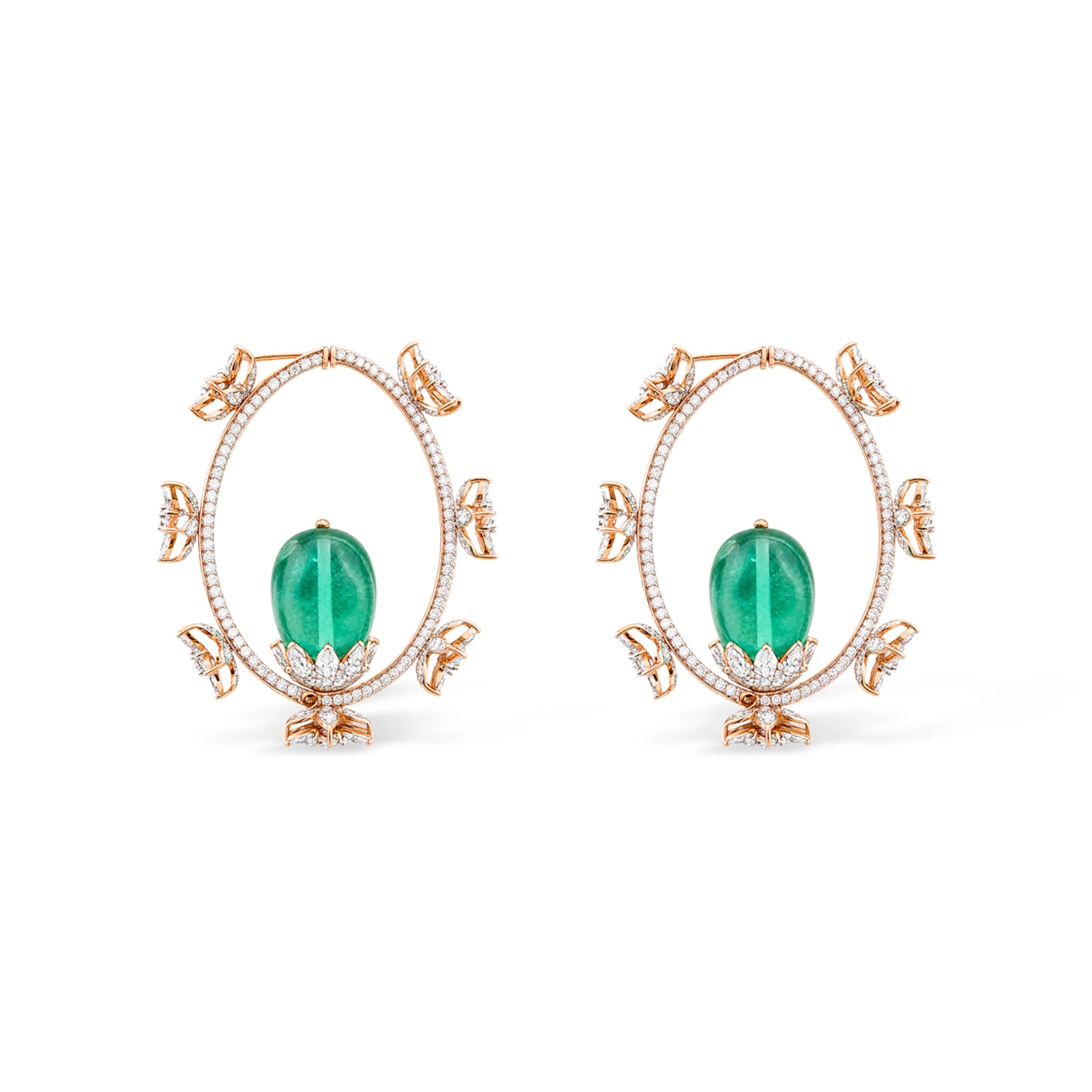Diamond Pavé Oval Hoop with Emerald Cabochon Earrings