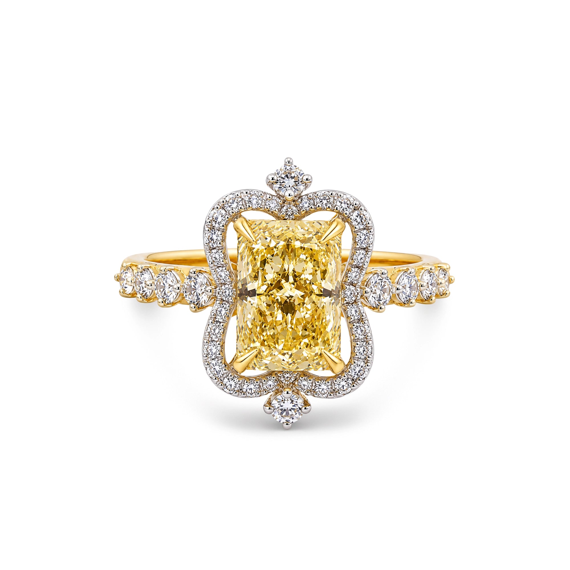 Radiant Cut Fancy Yellow Diamond Ornate Halo Ring