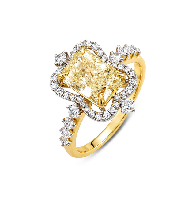 Radiant Cut Fancy Yellow Diamond Ornate Halo Ring