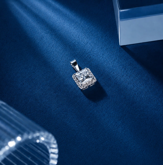 Princess Cut Halo Pendant, White Gold