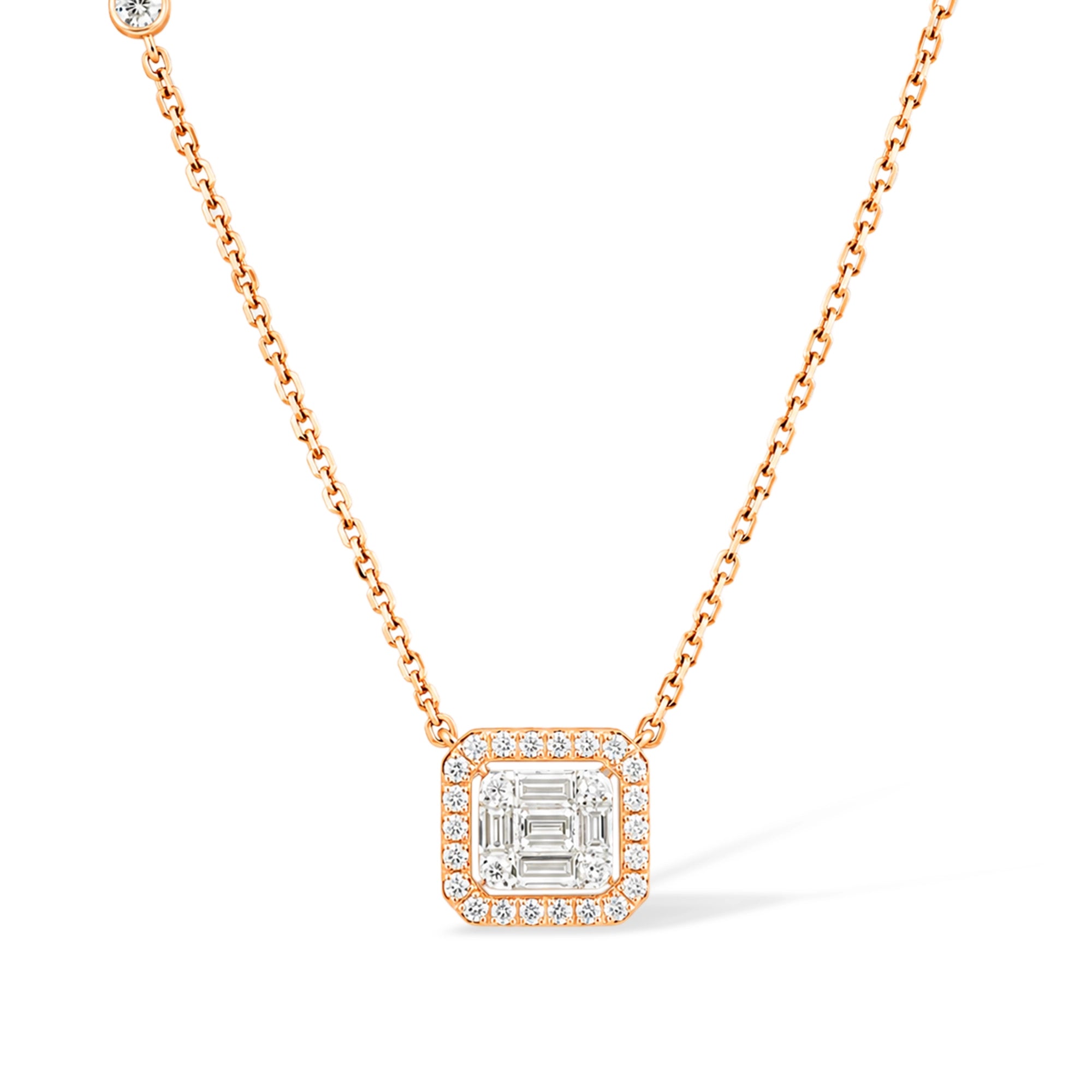Baguette Halo Pendant Necklace, Rose Gold