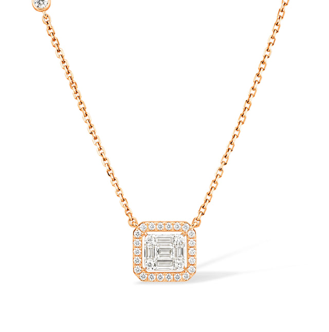 Baguette Halo Pendant Necklace, Rose Gold