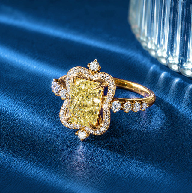 Radiant Cut Fancy Yellow Diamond Ornate Halo Ring