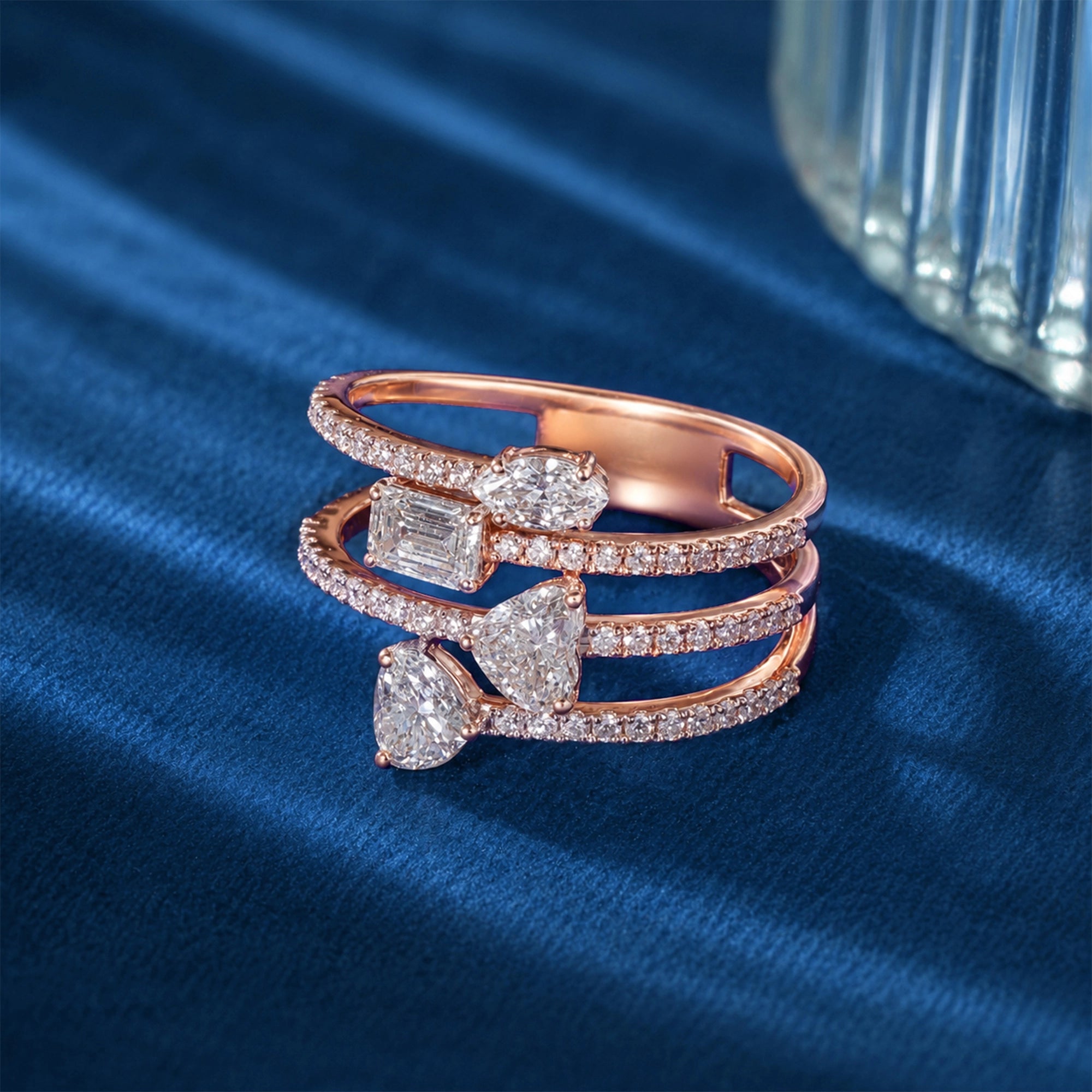 Mixed Cut Multi-Stone Triple Rail Spiral Ring