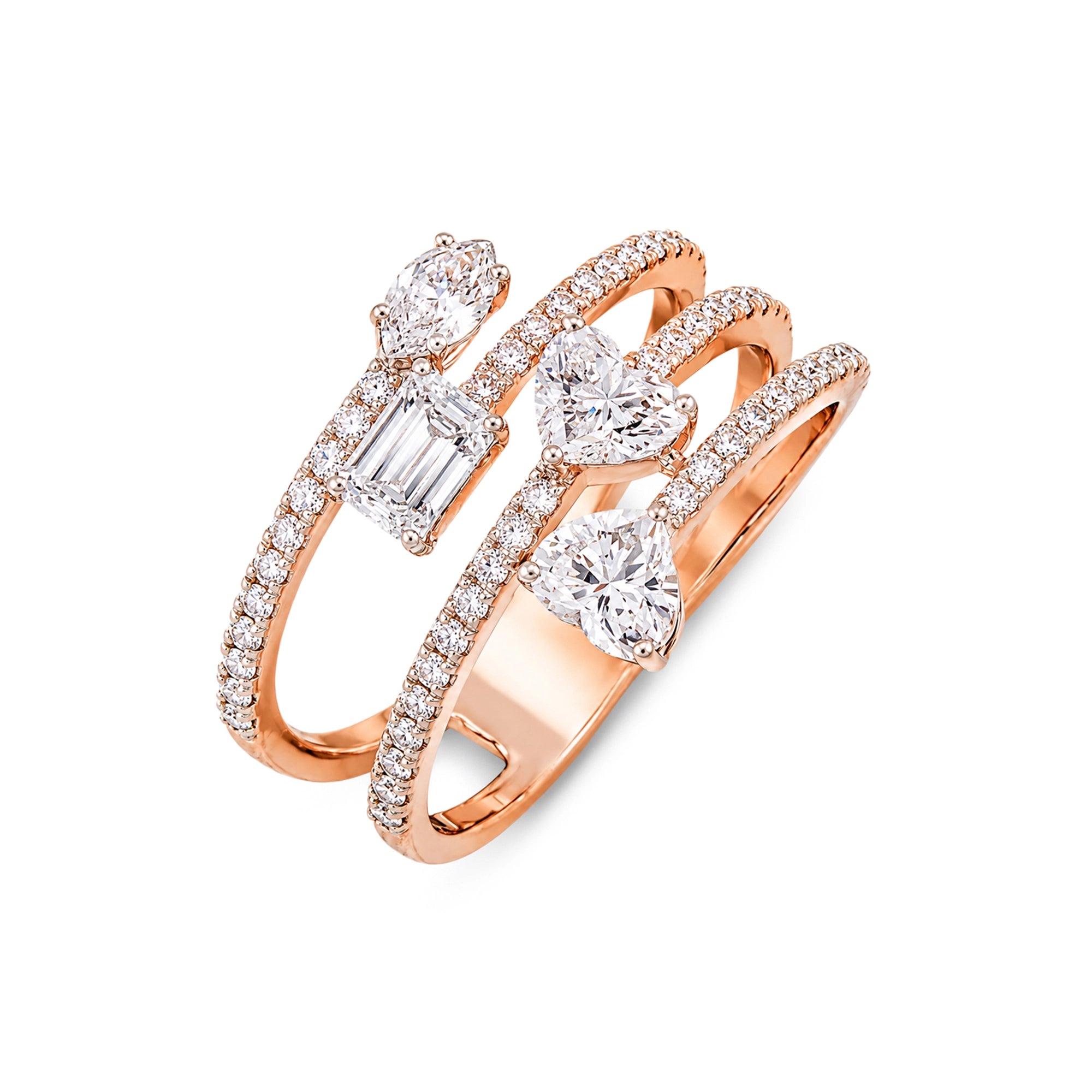 Mixed Cut Multi-Stone Triple Rail Spiral Ring