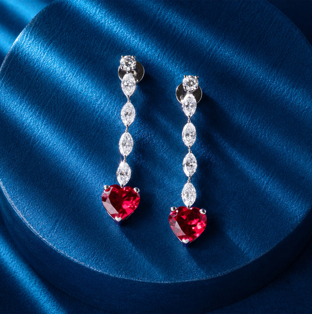 Ruby Heart and Diamond Chain Drop Earrings