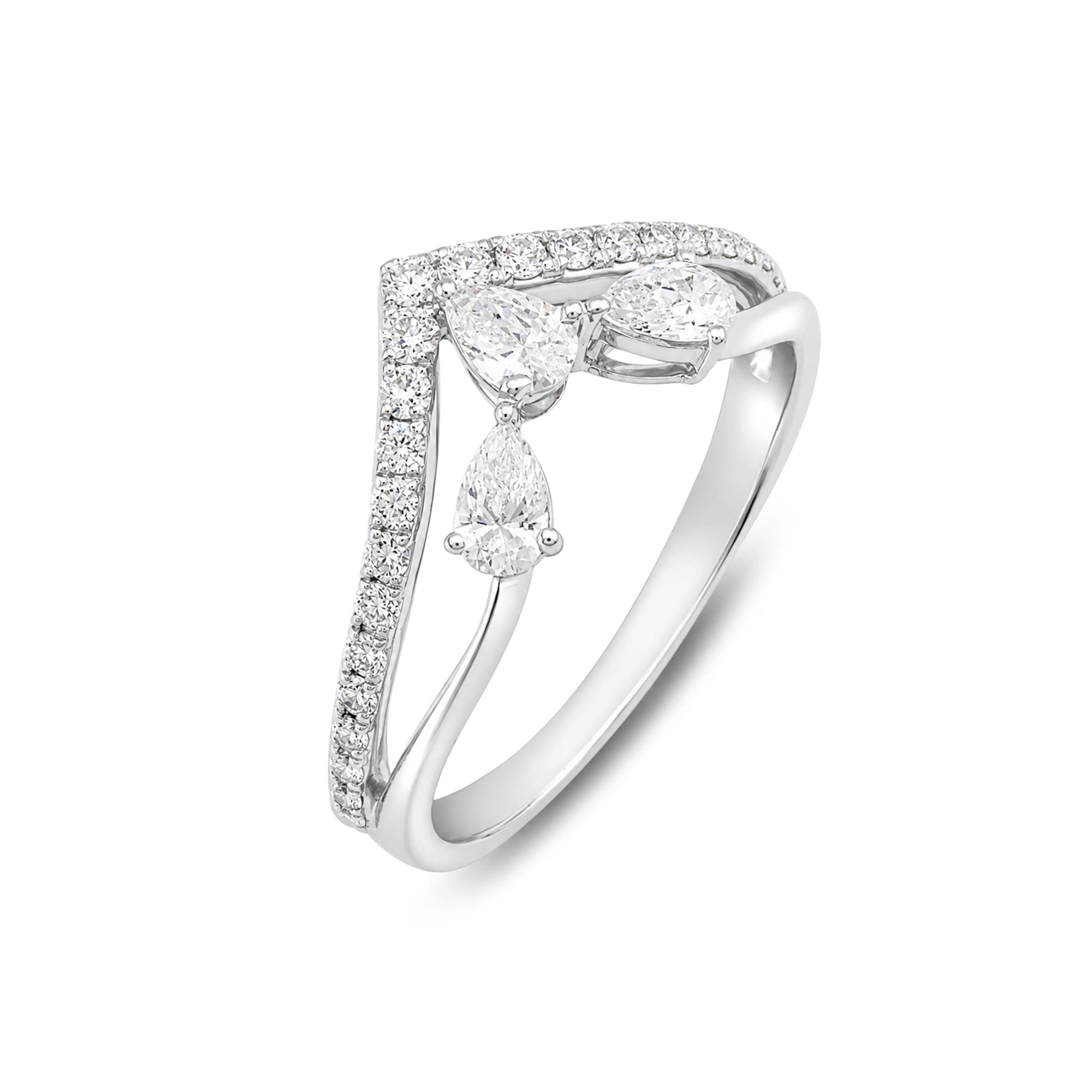 Pear Cut Triple Stone Chevron Crown Ring