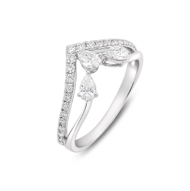 Pear Cut Triple Stone Chevron Crown Ring