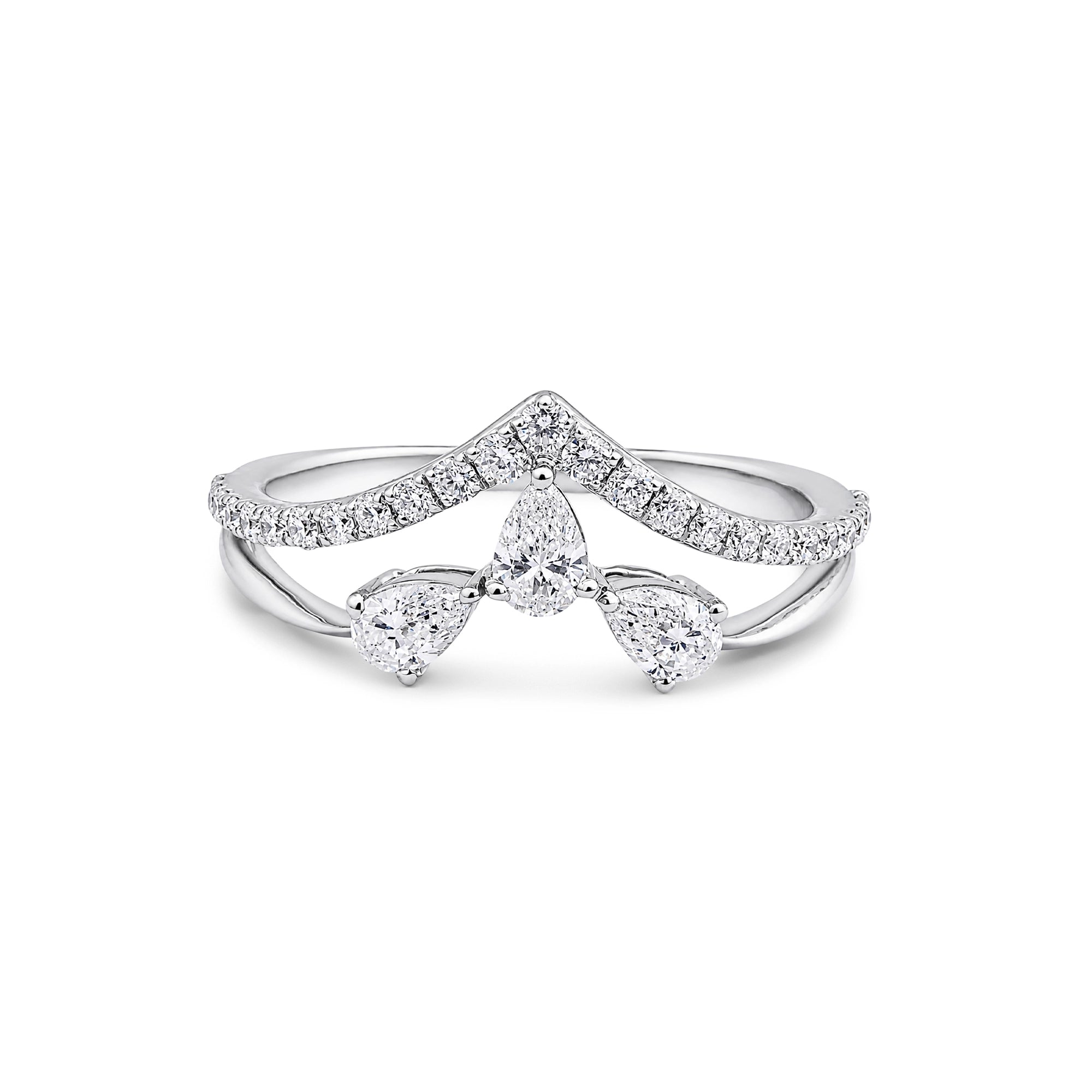 Pear Cut Triple Stone Chevron Crown Ring
